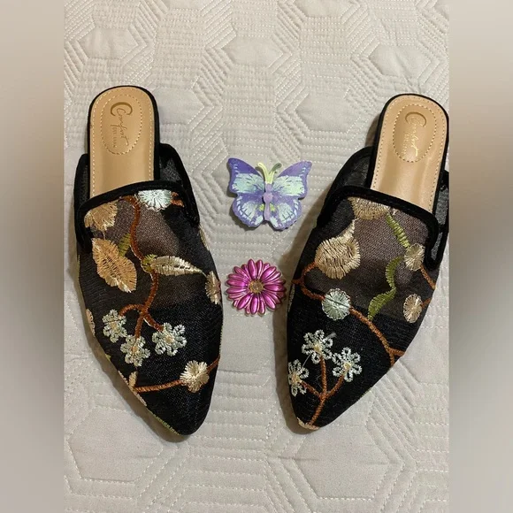 Black Mesh Floral Embroidered Mules Size 8 - Picture 2 of 7